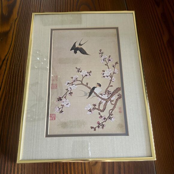Vintage Chinese Lithograph of Swallows Attributed to Jiang Tingxi Framed 11